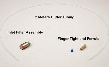 Buffer Inlet Assembly 2m KDT-1811-1222-N contains: (1) Finger tight, (1) Ferrule, (2) meters of 3/16" tubing, (1) titanium sinker and (1) inlet filter. 