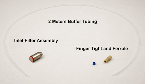 Buffer Inlet Assembly 2m KDT-1811-1222-N contains: (1) Finger tight, (1) Ferrule, (2) meters of 3/16" tubing, (1) titanium sinker and (1) inlet filter. 